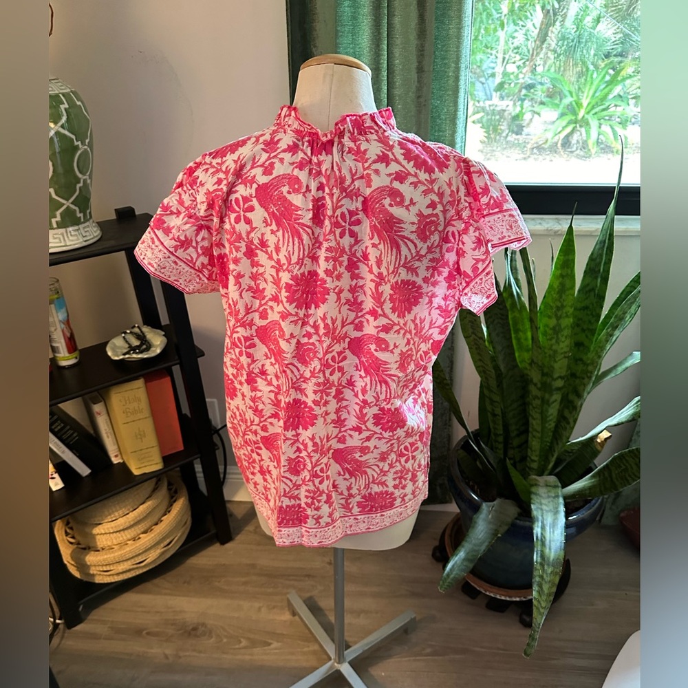 La Plage Ruthie Ruffle Top, Pink Bird - Picture 3 of 8
